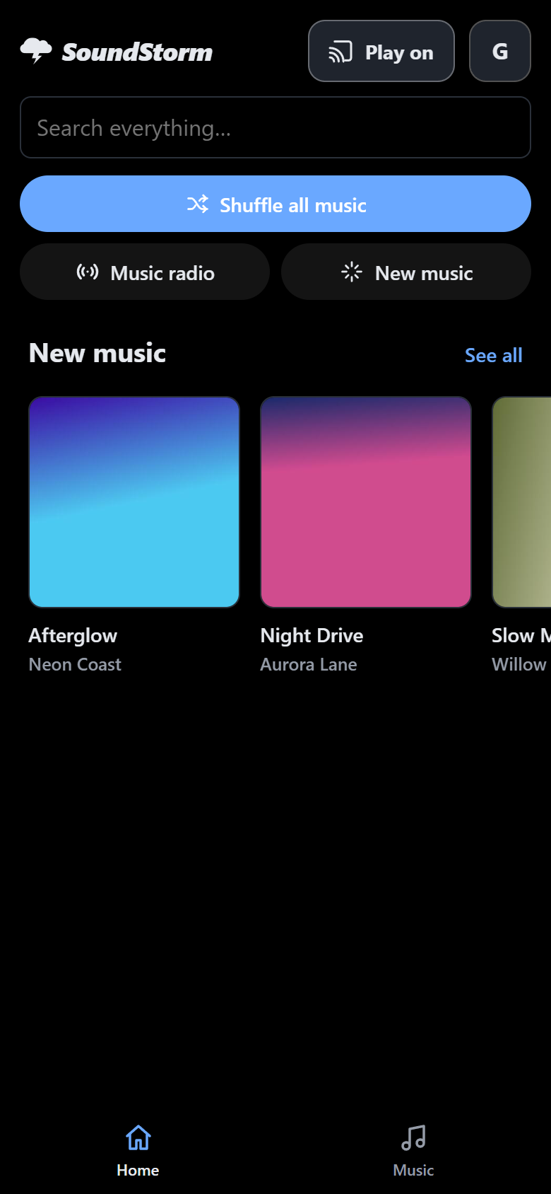 Home: shuffle all music, new music and more